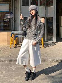 DAZY 女士休闲条纹长袖T恤，宽松版型，独特设计，春秋季款 - 黑與白 - 查看 3
