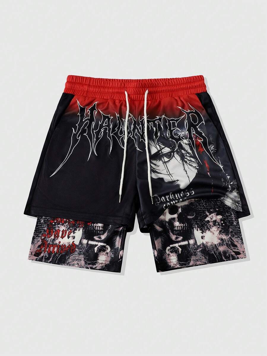 ROMWE MEN Anime Herrshorts med tryck, avslappnad sportig stil, lämplig för vår/sommar - Svart - Visa 1