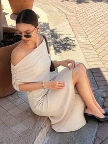 优雅纯色不对称连衣裙，适合通勤和夏季穿着 - 杏色 - 查看 3
