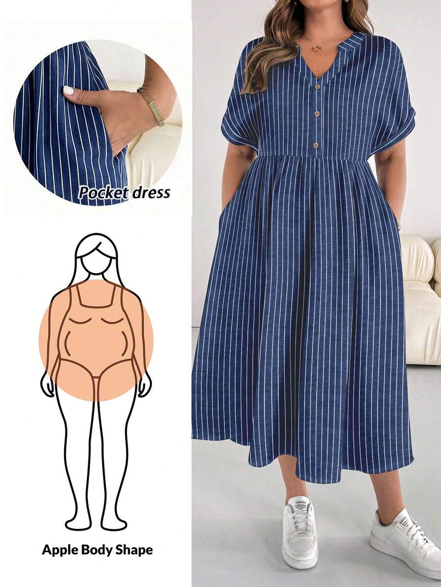 SHEIN CURVE+ 航海条纹加大码翻领短袖开衫连衣裙 - 彩色 - 查看 1
