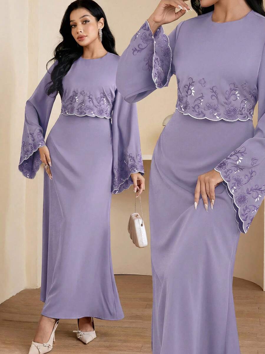 Veilorie 女士保守风格刺绣阿拉伯风连衣裙