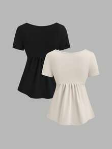 Sweetra Women's New Classic Versatile Square Neck A-Line Babydoll Short Sleeve Elastic T-Shirt - Multicolor - View 2