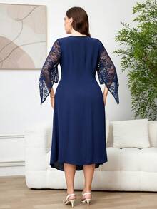 Reflora Đầm ren phối màu trơn thanh lịch cỡ lớn - Màu xanh lam - Xem 3