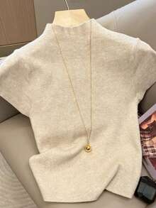 Resyla Suéter ajustado de manga corta con cuello alto informal de talla grande - Albaricoque - Ver 1