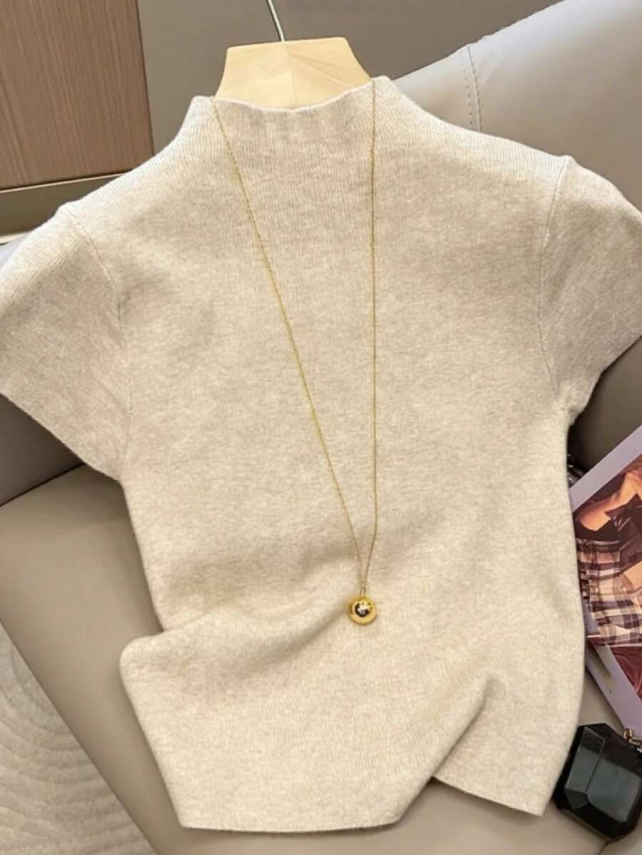 Resyla Suéter ajustado de manga corta con cuello alto informal de talla grande - Albaricoque - Ver 1