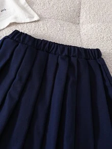 SHEIN Playful Pals 少女条纹水手领单排扣短袖T恤搭配纯色迷你裙，休闲日常穿搭 - 藍色 - 查看 4