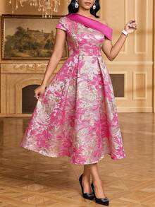 SHEIN Lady Đầm ngắn nữ thanh lịch với họa tiết hoa jacquard, vạt bất đối xứng. - Màu Hồng Tươi - Xem 4