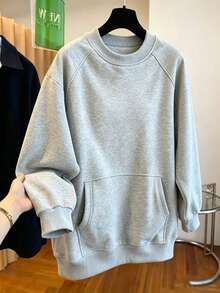 INAWLY Plus Size Casual Loose Fit Crew Neck Pullover Sweatshirt With Large Pocket - Light Grey - View 3