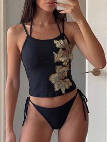 Bonvoyette Zestiva 三件套泳装，包括纯色吊带背心、三角胸罩上衣和侧系带印花泳裤，性感女士夏季海滩度假三件套 - 黑色 - 查看 2