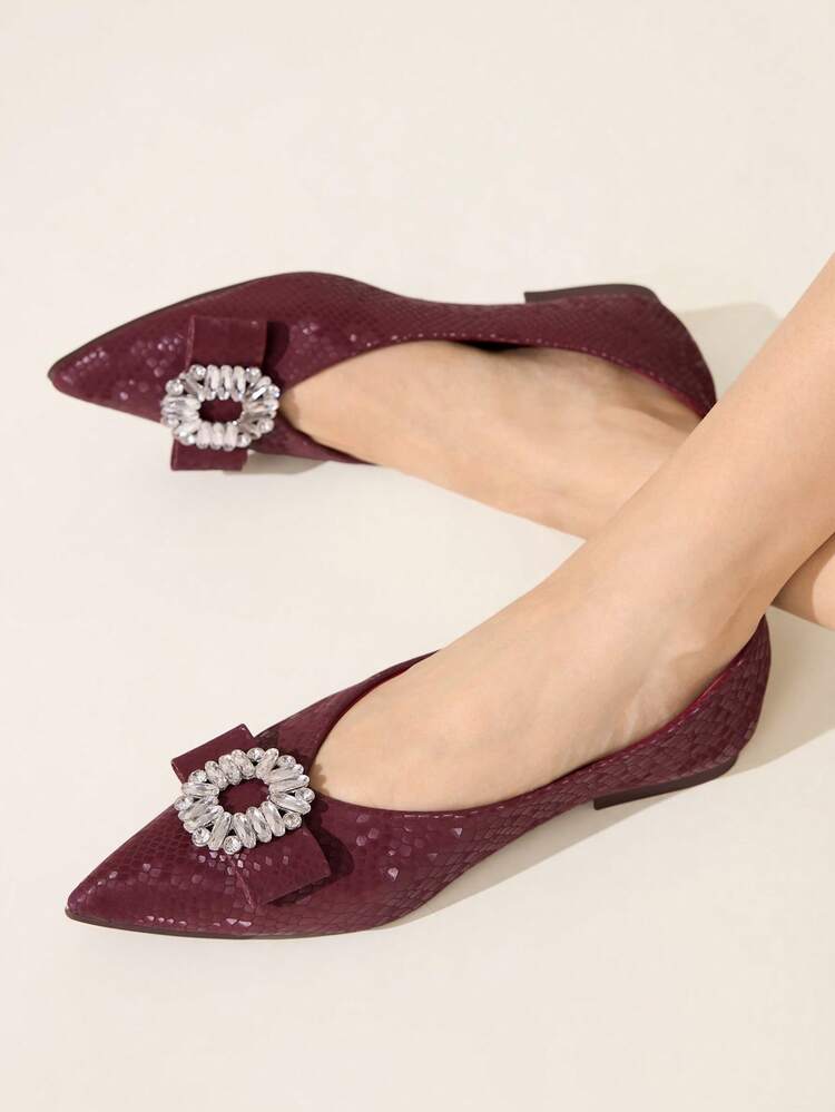 CUCCOO CHICEST Pointed Toe Low Vamp Rhinestone Oval Buckle Flat Bottom Comfortable Versatile Fashion Soft Sole Elegant Fairy Flat Shoes Burgundy Women's Shoes