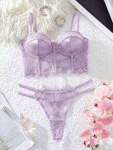 Myrelith Bộ 2 áo ngực ren có gọng màu trơn gợi cảm - Màu tím hoa cà - Xem 2
