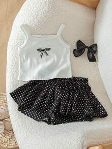 SHEIN Baby Girl Bow Print Camisole Top And Polka Dot Skirt 2-Piece Set - Black and White - View 1