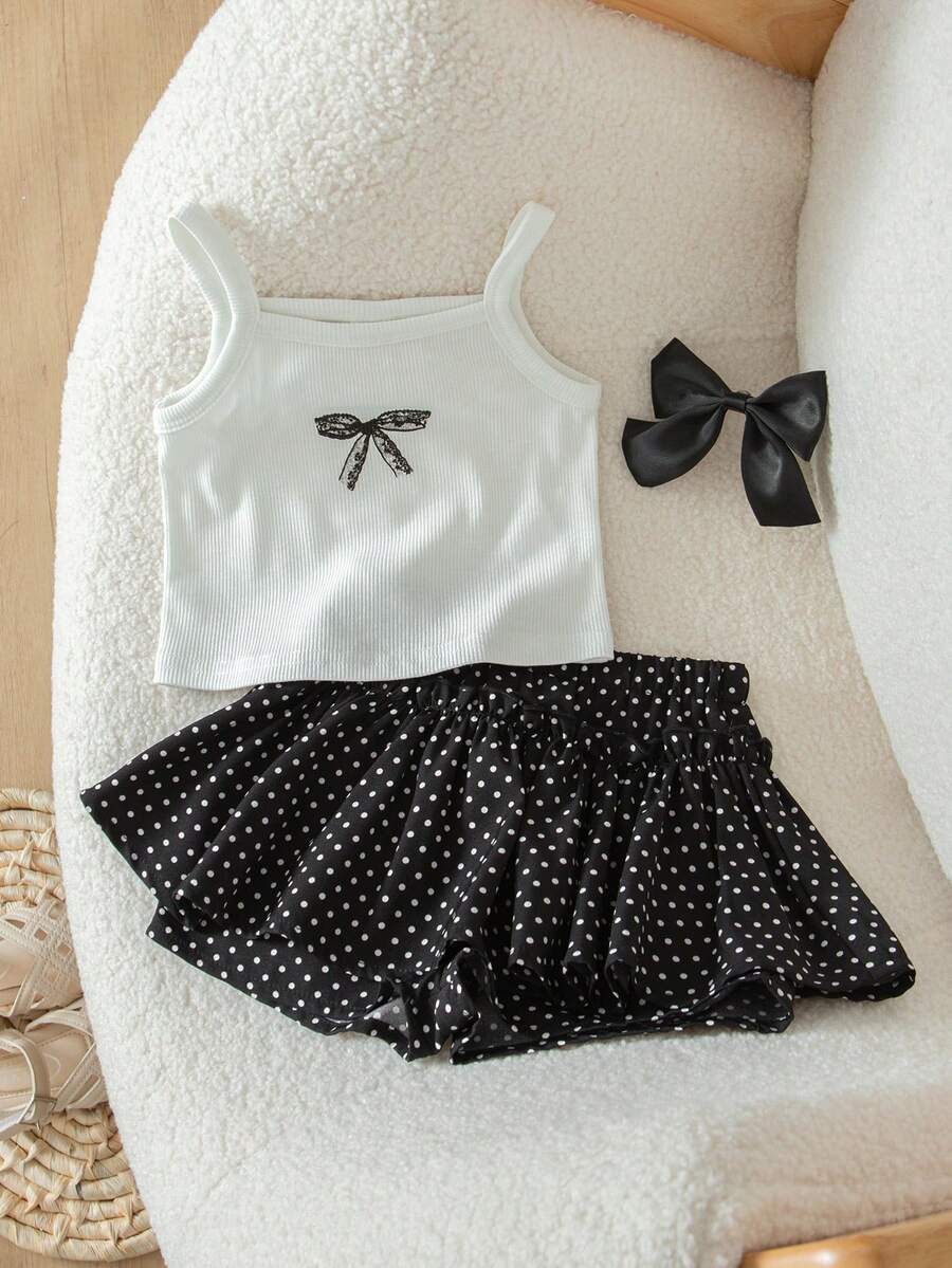 SHEIN Baby Girl Bow Print Camisole Top And Polka Dot Skirt 2-Piece Set - Black and White - View 1