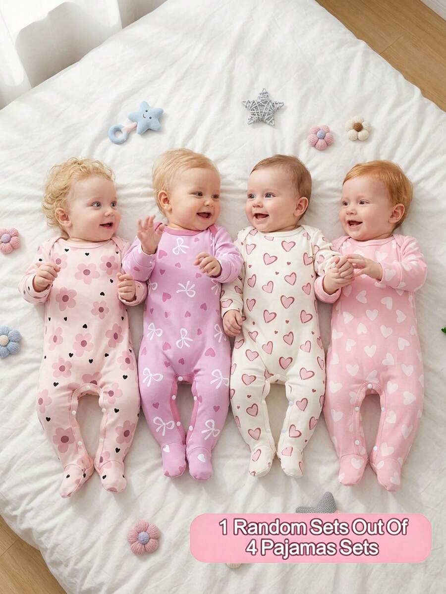 SHEIN 【买四送一】碎花爱心蝴蝶结印花婴儿连体衣，柔软面料，适合春夏穿着，婴儿长袖连体睡衣，甜美可爱简约粉色爱心连体睡衣 - 彩色 - 查看 1