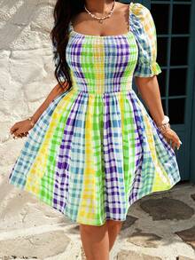 Sunnyshic Vestido midi elegante y casual de línea A con mangas cortas y estampado de cuadros degradados para mujeres de talla grande - Multicolor - Ver 5