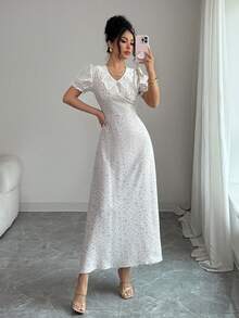 Modelyn 法式碎花花瓣袖收腰修身连衣裙 - 紫色 - 查看 7