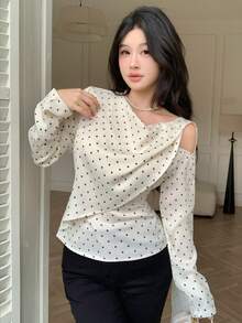 Modelyn 缎面波点印花设计收腰优雅上衣，适合外出和约会 - 白色 - 查看 3