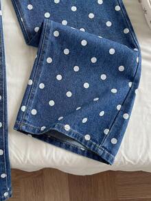 SHEIN Comfortcana Quần jeans nữ kiểu dáng thường ngày, họa tiết chấm bi, túi xéo. - Rửa nhẹ - Xem 7