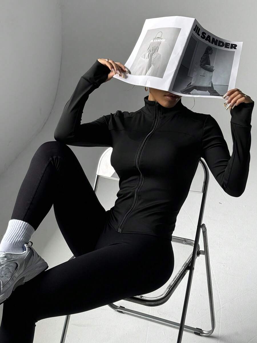 SHEIN With My Calm 修身弹力拉链运动夹克,适合健身、跑步和休闲生活 - 黑色 - 查看 1