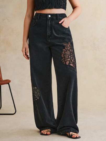 Anewsta Jeans rectos negros de pierna para mujer, con bordados románticos y lados huecos, de moda, lujosos y sexys, para fiestas y vacaciones, primavera/verano