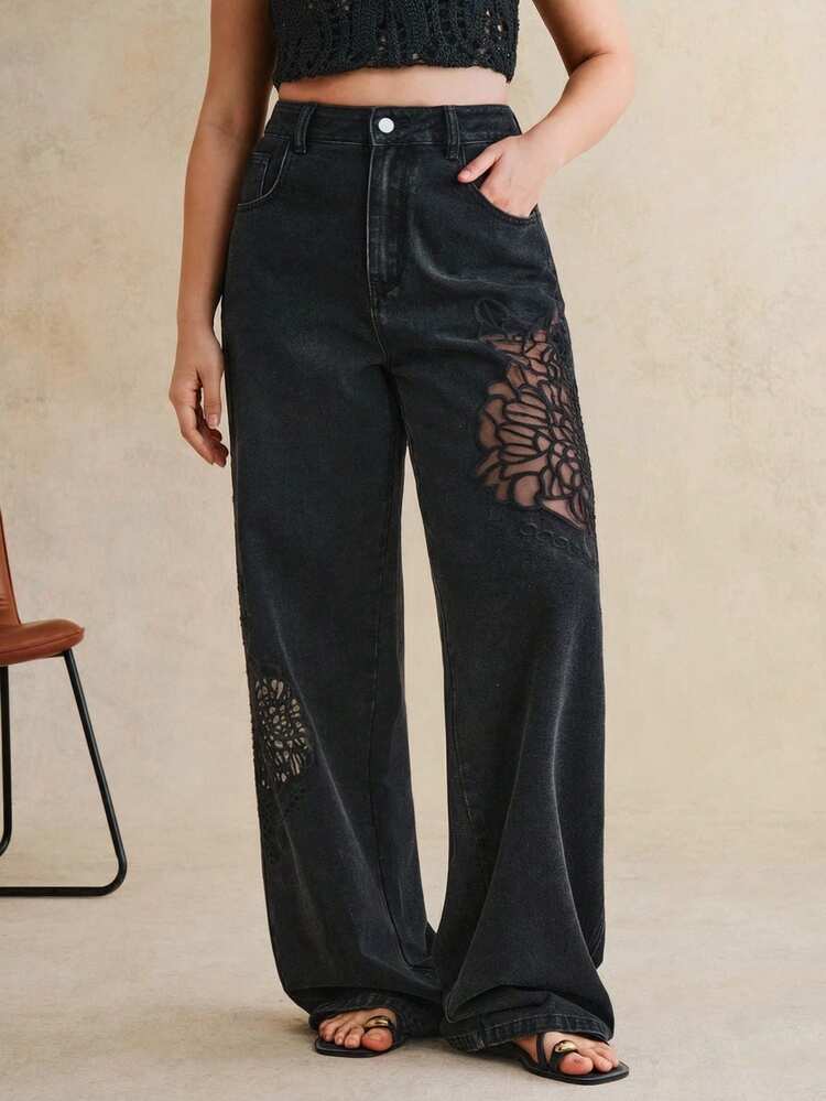 Women's Fashionable Luxurious Sexy Side Hollow Embroidered Romantic Party Vacation Black Straight Leg Jeans, Spring/Summer