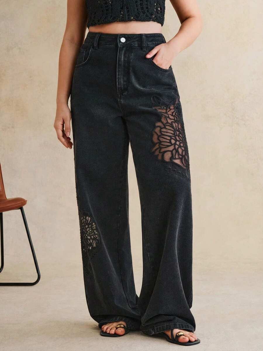 Anewsta Jeans rectos negros de pierna para mujer, con bordados románticos y lados huecos, de moda, lujosos y sexys, para fiestas y vacaciones, primavera/verano - Negro - Ver 1