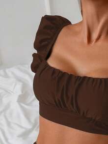 Swim Basics 2pcs Set Women Summer Beach Elegant Vacation Solid Color Ruffle Strap Pleated Chest Crop Top And Ruched High Waist Triangle Bottom Swimwear - Coffee Brown - View 3