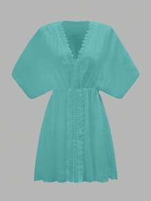 SHEIN Swim Vcay Beach Dresses For Women Women's Solid Color V-Neck Long Sleeve Pleated Casual Cover Up Summer - Cadet Blue - View 5