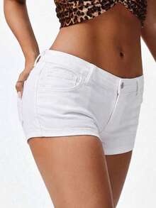 SHEIN PETITE Women's Sexy Bodycon Denim Shorts, Stretchy Bamboo Knit, Spring/Summer ,Petite Women - White - View 3