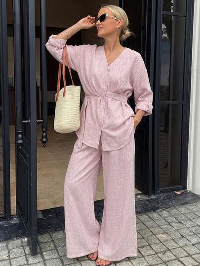 Vivie Lora Conjunto informal de top de manga larga con cuello en V plisado y pantalones de unicolor para mujer