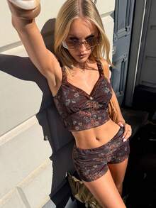 MainGRL Pastal Floral Leopard Print Cami Top Ruched Mini Shorts Two Piece Set, Summer Boho Sexy Vacation Outfit For Women, Y2K Retro Night Out Golf Festival - Multicolor - View 3
