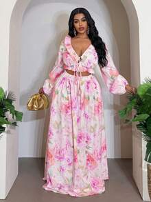 Veslaya Set Atasan Pendek dan Rok Panjang Motif Bunga Romantis Musim Semi/Panas, Cocok untuk Liburan, Pantai, Pesta, Kencan, dan Ukuran Plus - Mauve Purple - View 1