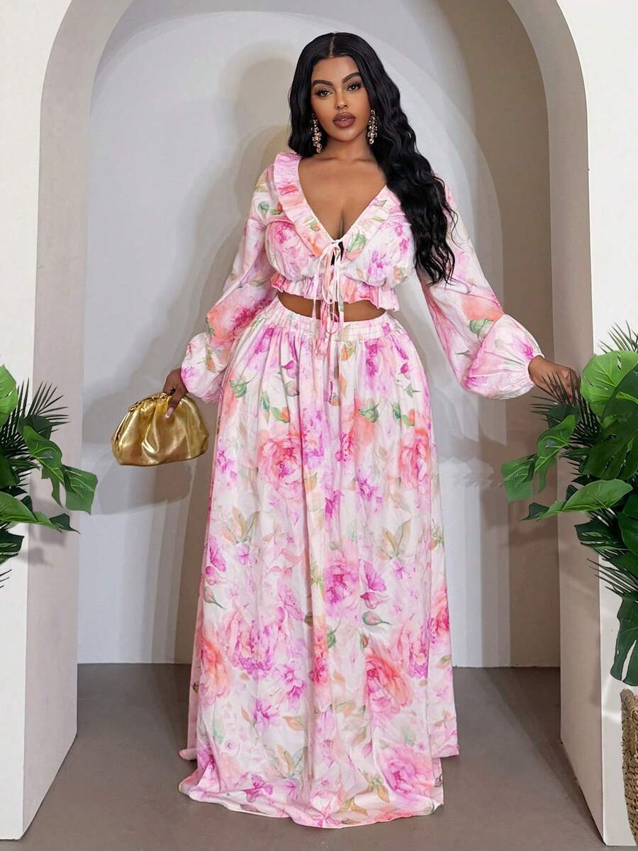 Veslaya Set Atasan Pendek dan Rok Panjang Motif Bunga Romantis Musim Semi/Panas, Cocok untuk Liburan, Pantai, Pesta, Kencan, dan Ukuran Plus - Mauve Purple - View 1