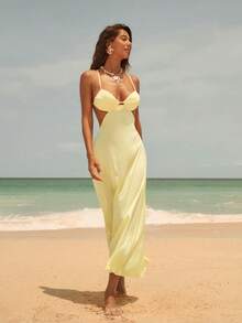 NOVVYNE Women's Sexy Backless Cross Strap Fitted Midi Dress, Slimming Silhouette For Party, Holiday - Yellow - View 5