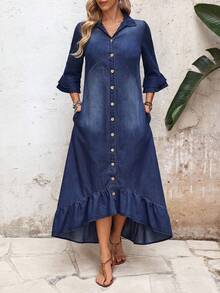 EMERY ROSE Women's Casual Denim Dress With Bell Sleeves, Single-Breasted, Ruffle Hem - Dark Wash - View 3