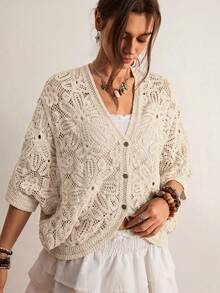 Freevana Cárdigan bohemio vintage de ganchillo hueco, de cuello en V marrón de 3/4 de manga, prenda exterior casual y suelta para primavera, elegante pieza de capa para primavera - Albaricoque - Ver 5