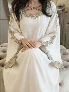 SHEIN Najma Plus Size Women Elegant Embroidered Applique Flare Sleeve Arabic Style Dress - Apricot - View 7