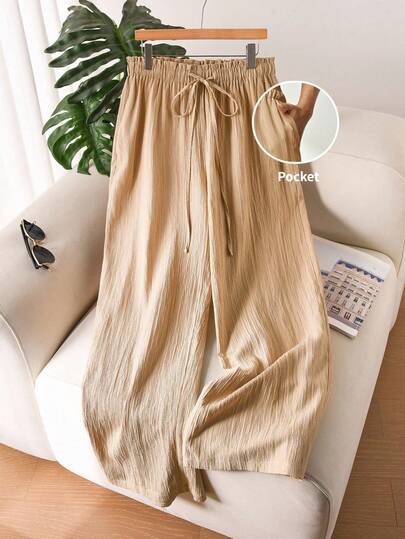 CosyJoli Plus Size Women Casual Vacation Fashion Solid Color Tie Waist Wide Leg Pants Pleated Pants For Women Silk Pants For Women Buissness Casual Women Pants