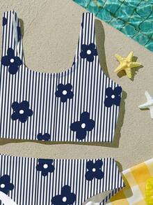 SHEIN Bộ bikini kẻ sọc và họa tiết hoa cho bé gái, thích hợp cho kỳ nghỉ hè ở bãi biển. - Nhiều màu - Xem 3