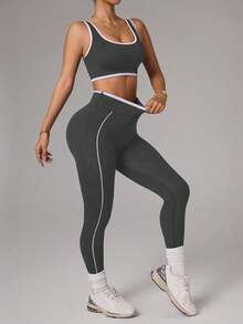 Slayform Slayform Women's Grey Summer Athleisure Gym Outfit,Patchwork Color Cropped Top And Leggings 2 Piece Matching Workout Sets,Casual Sportswear Sports Outfits - Dark Grey - View 4