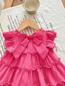 SHEIN Babygirl Cute Casual Loose Red Ruffle Trim Flutter Sleeve Dress - Hot Pink - View 5