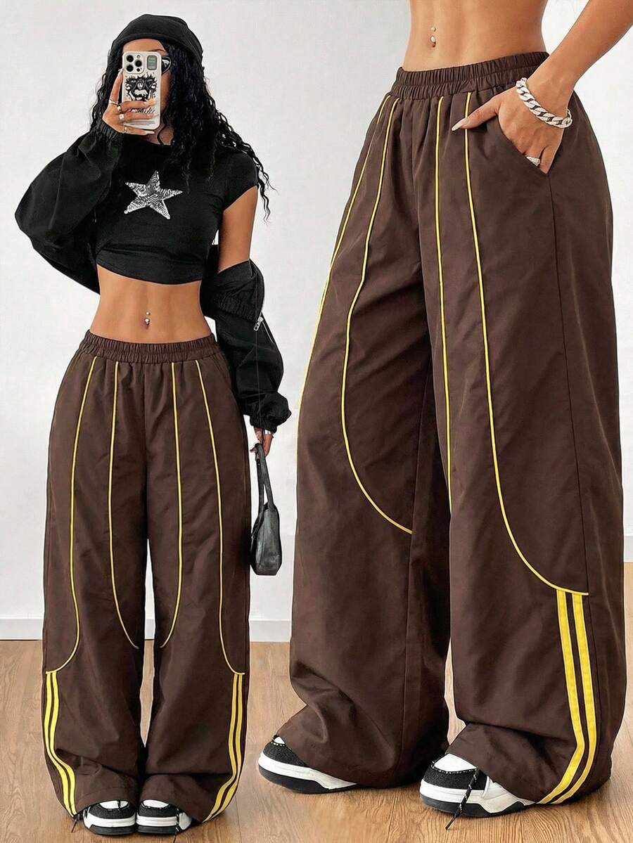 Coolane Women's Casual Loose Contrast Trim Pants - Brown - View 1