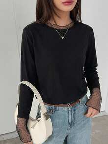 FRIFUL Solid Color Patchwork Sheer Polka Dot Mesh Fabric Loose Casual Versatile T-Shirt - Black - View 10