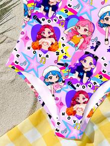 SHEIN 女童休闲连体泳衣，适合夏季穿着，K-POP卡通女孩图案设计（） - 彩色 - 查看 7