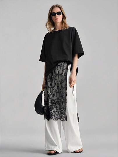 Ontre 2026 SS Lace Fabric Women's Skirt, Semi-Transparent Black Outerwear, Vintage Style For Independence Day Tea Party, Vacation, Party, Minimalist Elegant Urban Chic Wrap Design Romantic Date Fashion Versatile Skirt