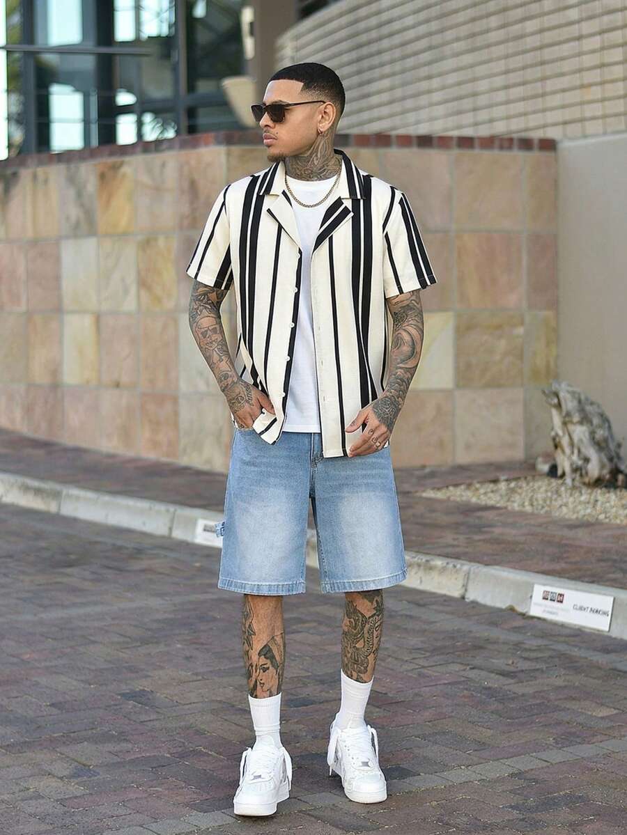 Devon Thys 2025 男士舒适休闲夏季度假拼色条纹百搭短袖衬衫 - 黑色 - 查看 1