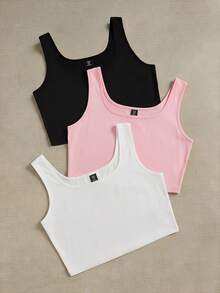 SHEIN EZwear 3件套加大码女式休闲纯色圆领背心，适合夏季穿着 - 彩色 - 查看 3