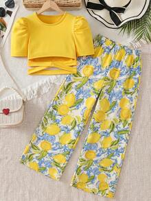 SHEIN Setelan 2 Potong untuk Anak Perempuan: Atasan Lengan Pendek Warna Polos, Motif Lemon, dan Celana Panjang - Kuning - View 5
