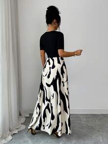 Elenzga Women's V-Neck Waist Cinched A-Line Dress With Abstract Black & White Pattern And Metal Buckle Decor, Elegant For Daily, Vacation, Retro French Style, Commute, Valentine's Day Date, Street Style, Party, Early Spring/Spring Summer - Multicolor - View 2