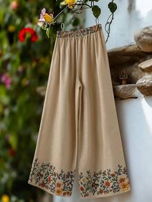 SHEIN Franclia Quần nữ thời trang đi nghỉ mát, chất liệu tre, in họa tiết thanh lịch. - Màu Khaki - Xem 2